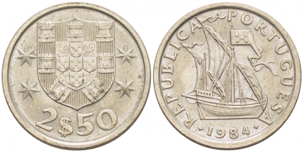 Португалия 2,5 эскудо 1984 парусник KM 590 медно-никель UNC 3718-328