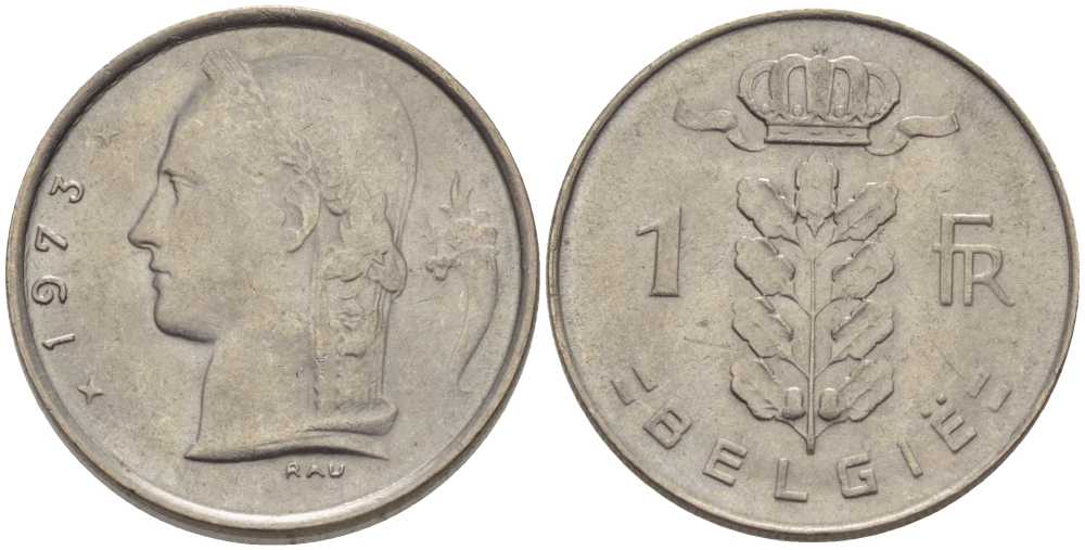БЕЛЬГИЯ 1 ФРАНК 1973 BELGIE, БОДУЭН I (1951-1993) KM 143.1 медно-никель 202-1051