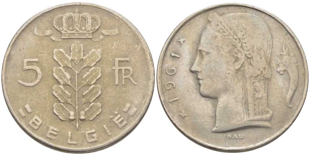 БЕЛЬГИЯ 5 ФРАНКОВ 1961 BELGIE, БОДУЭН I (1951-1993) KM 135.1 медно-никель 119-754