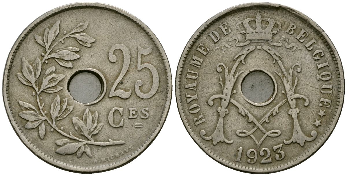 Бельгия 25 сантимов 1923 Belgique KM 68 медно-никель 4165-443