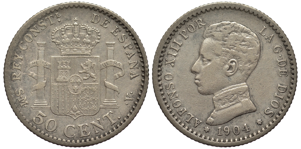 ИСПАНИЯ 50 СЕНТИМО 1904 S.M.V., АЛЬФОНСО XIII KM 723 серебро 413-4341