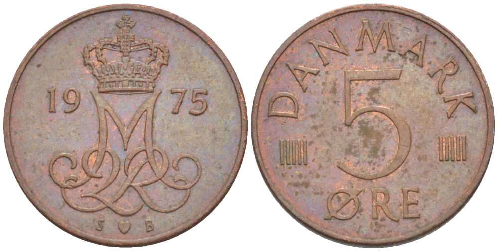 Дания 5 эре 1975 S; B, Маргрете II (1972- ) KM 859.1 железо плакированное медью 4392-243