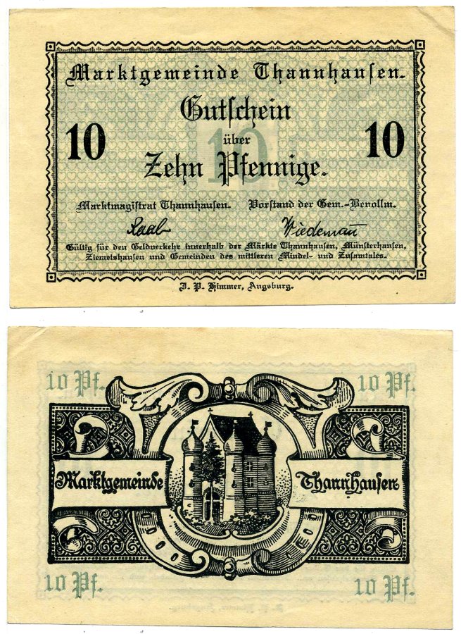 Танхаузен 10 пфеннигов 1918 нотгельд, земля Бавария, водяной знак крест Grabowski Т8.1а бумага 2193-22-3-2
