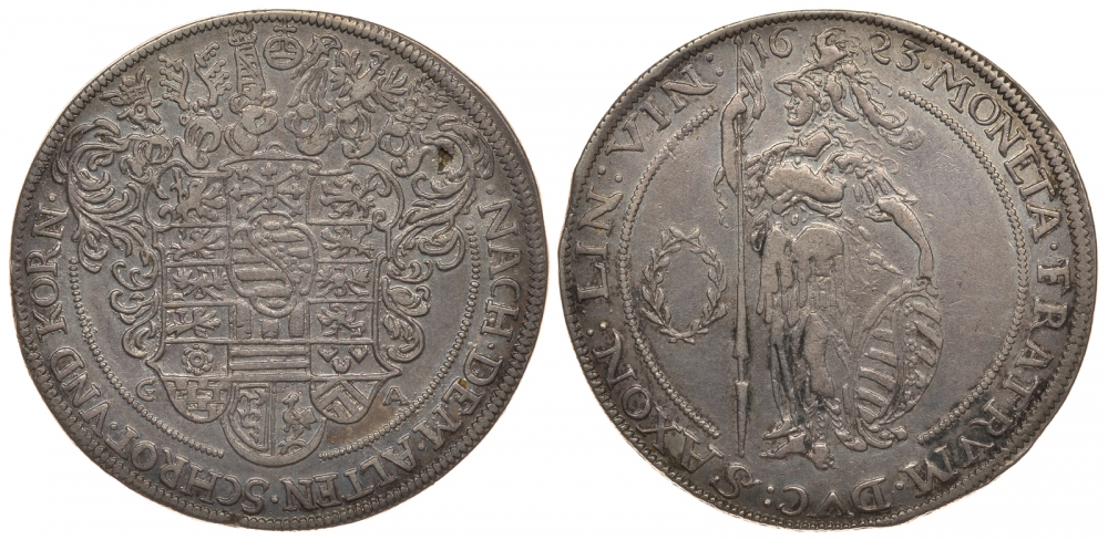 Саксен-Веймар-Эйзенах 1 талер 1623 Иоганн Эрнст и его пять братьев, дворцовый Schnee 353, Dav. 7532, Koppe 220, Slg. Mers. 3844 серебро 10-017-23