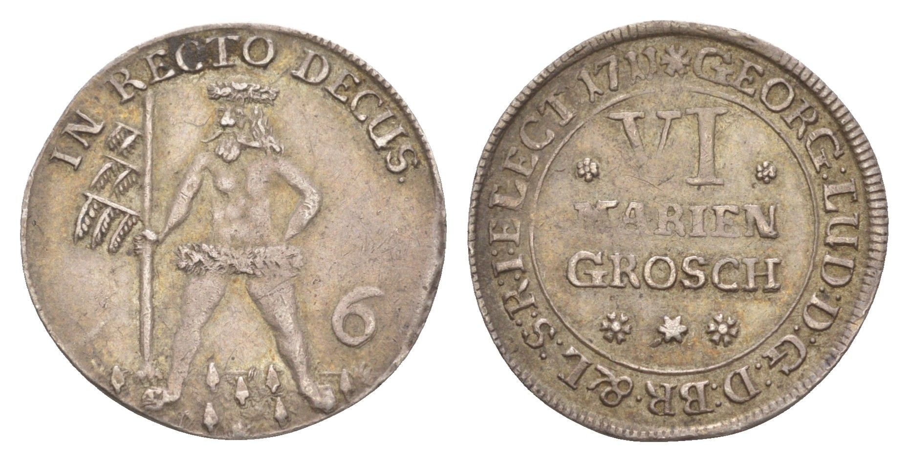 Брауншвейг-Каленберг-Ганновер 6 мариенгрошей 1711 дикарь, Георг I (1698-1727), из коллекции Ричарда Б. Смита KM 11, Welter 2179 серебро 00-821-28