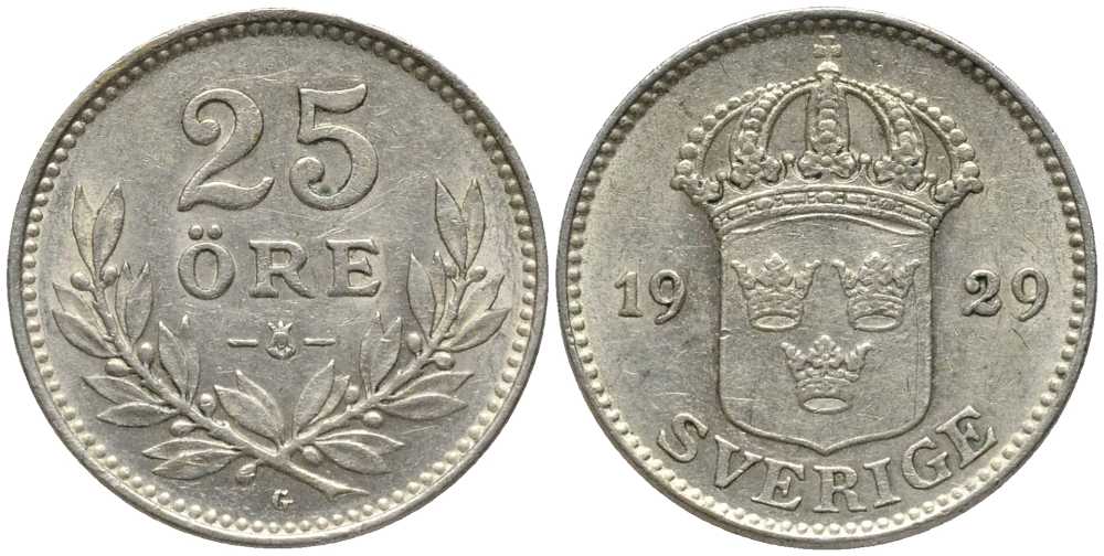 Швеция 25 эре 1929 G, Густав V (1907-1950) КМ 785 серебро 201-1054