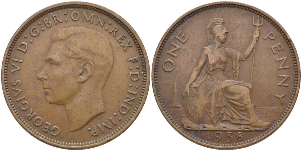 Великобритания 1 пенни 1938 Георг VI (1936-1952) КМ 845, Spink 4114 бронза 115-342