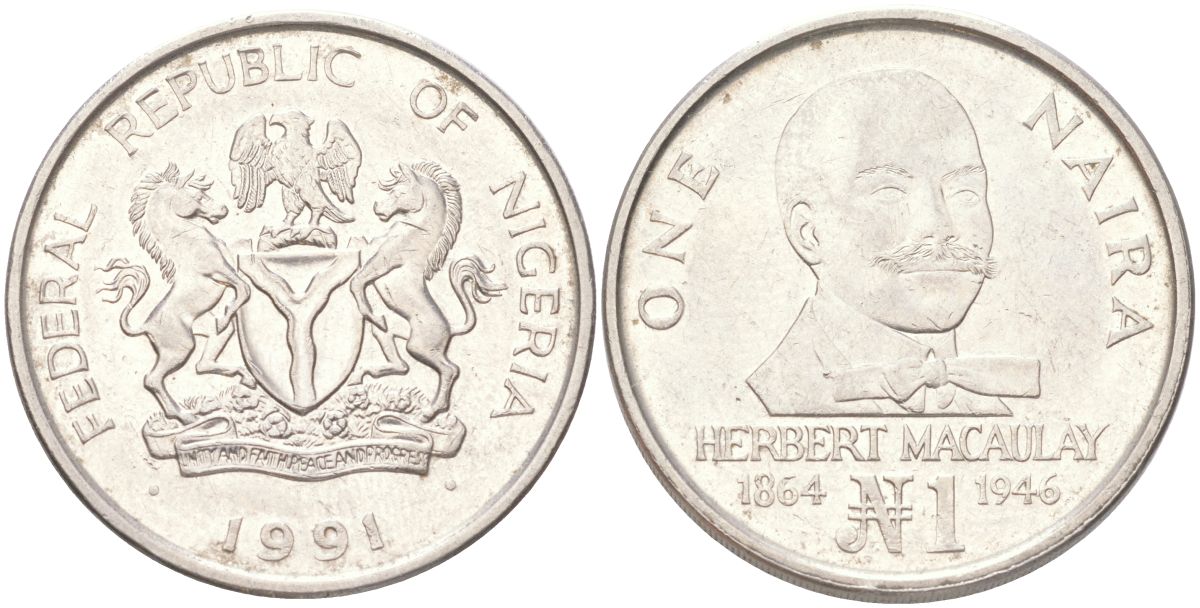 Нигерия 1 найра 1991 KM 14 сталь плакированная никелем 4141-627