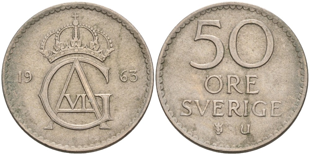 Швеция 50 эре 1963 U, Густав VI Адольф (1950-1973) KM 837 медно-никель 4380-442