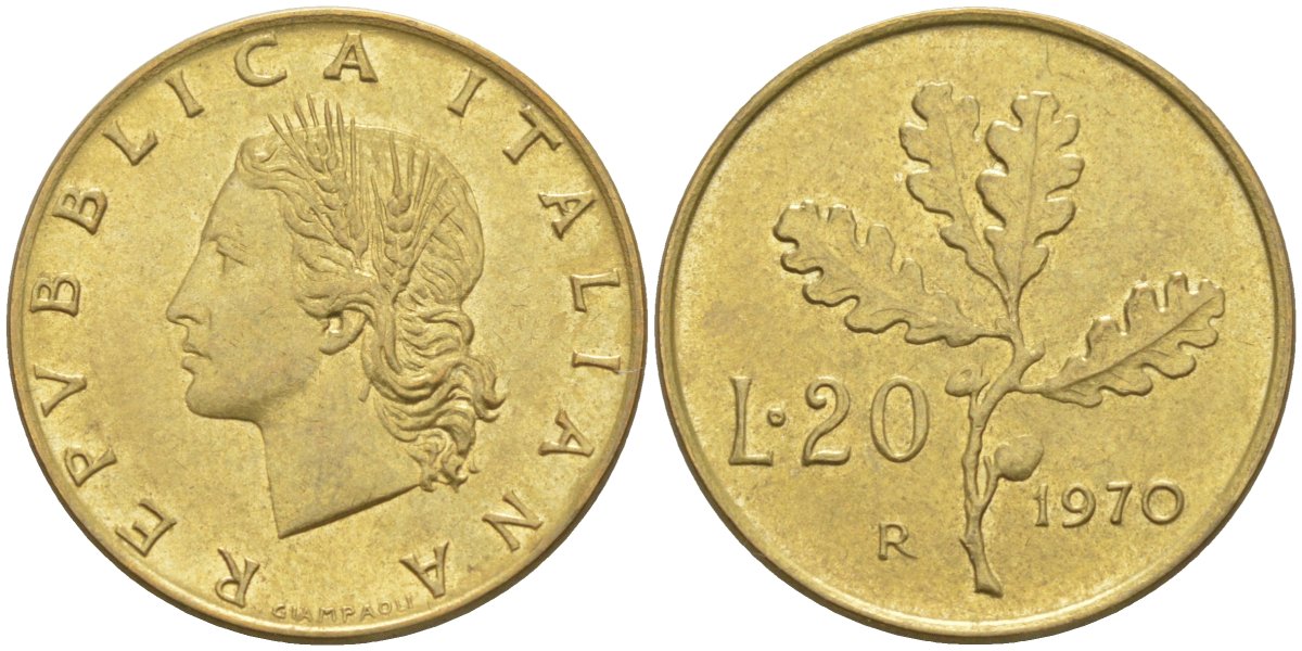Италия 20 лир 1970 R, дубовый лист KM 97.1 алюминиевая бронза 4519-1226