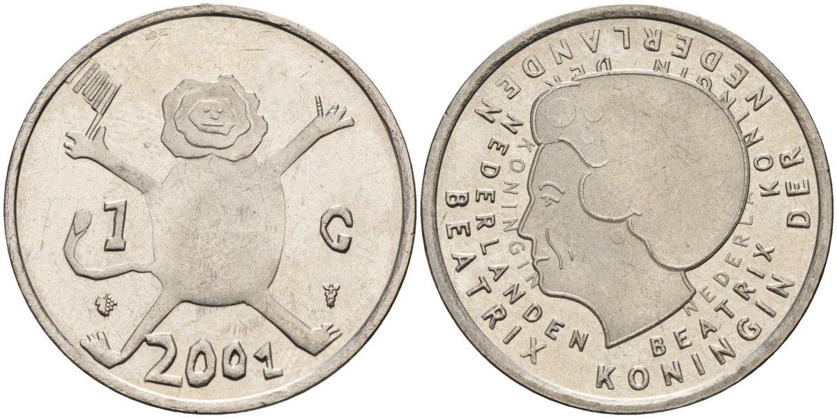 Нидерланды 1 гульден 2001 прощай гульден, детский рисунок, лев с флагом в руках KM 233 никель 4141-143