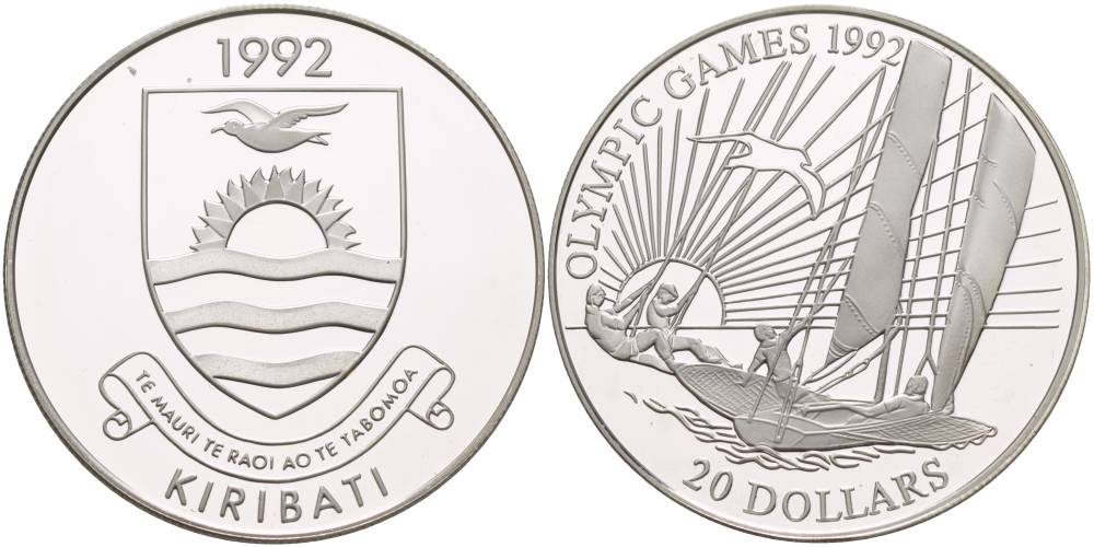 Кирибати 20 долларов 1992 XXV Олимпийские игры в Барселоне 1992 года, регата, яхта KM 17 серебро PROOF 1088-10-63