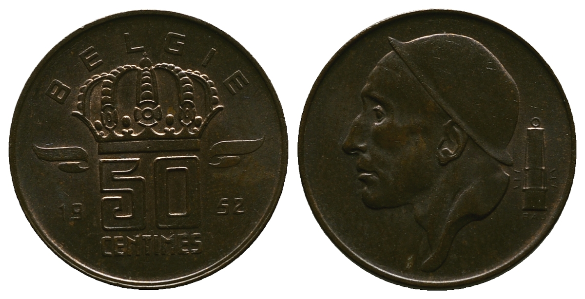 БЕЛЬГИЯ 50 САНТИМОВ 1952 BELGIE KM 145 бронза 4384-727