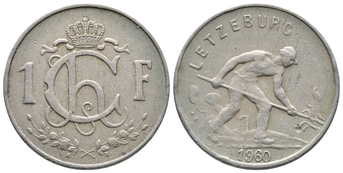 Люксембург 1 франк 1960 сталевар KM 46.2 медно-никель 259-321