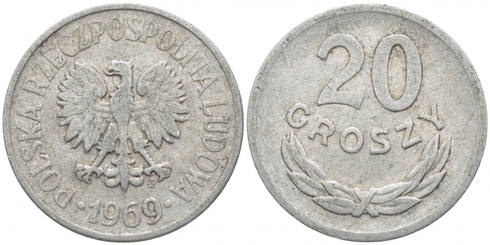 ПОЛЬША 20 ГРОШЕЙ 1969 MW KM А47 алюминий 4448-425