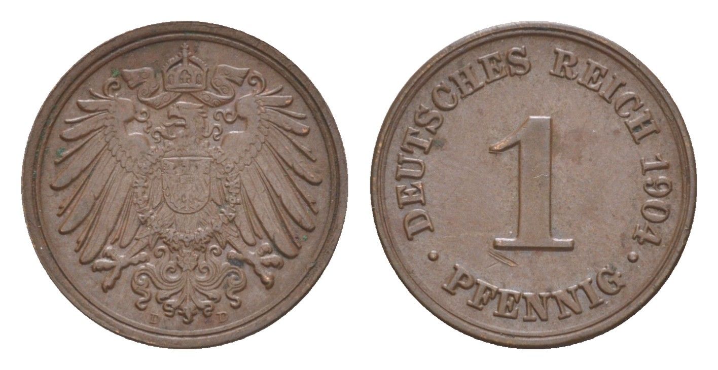 Германия 1 пфенниг 1904 D, Вильгельм II (1888-1918) KM 10, J. 10 медь 4639-1125