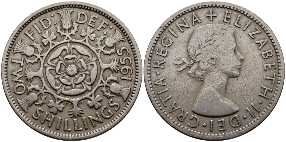 Великобритания 2 шиллинга (флорин) 1955 Елизавета II (1952-2022) KM 906, Spink 4146 медно-никель 83-1811