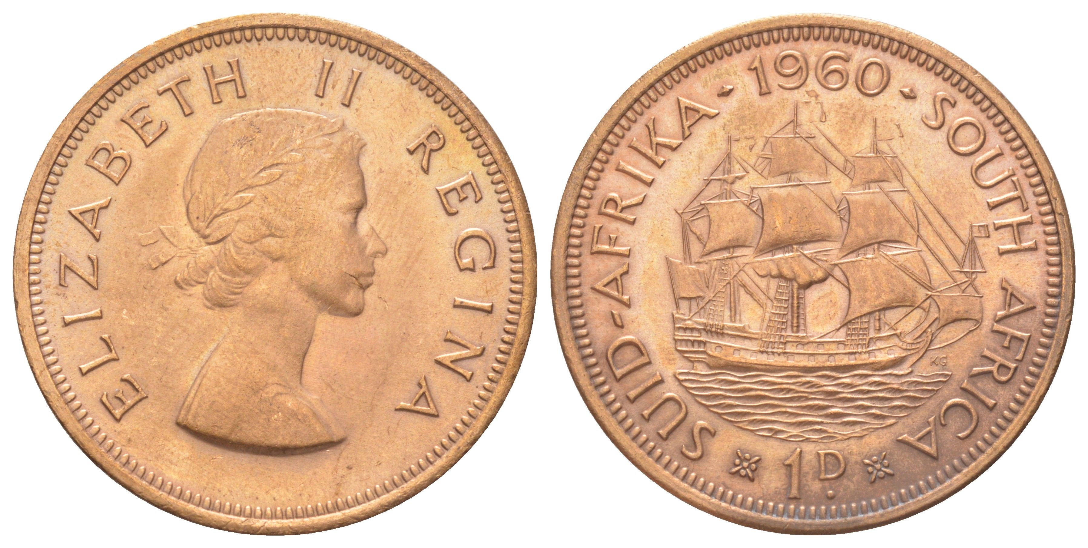 ЮАР 1 пенни 1960 Елизавета II (1952-2022), парусник KM 46 бронза aUNC 4583-122