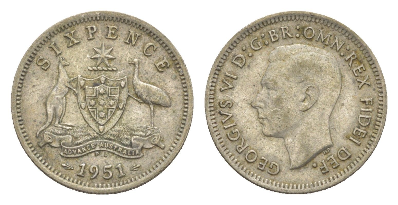 Австралия 6 пенсов 1951 PL, Георг V (1936-1952) KM 45 серебро 4160-745