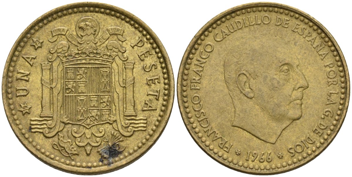 Испания 1 песета 1966 (73) Франсиско Франко (1939-1975) KM 796 алюминиевая бронза 4604-142