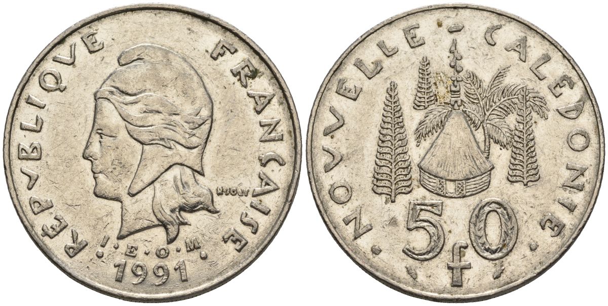 Французская Новая Каледония 50 франков 1991 хижина среди сосен и пальм, (IEOM) KM 13, Schoen 15, Lec 121 никель 4120-1246