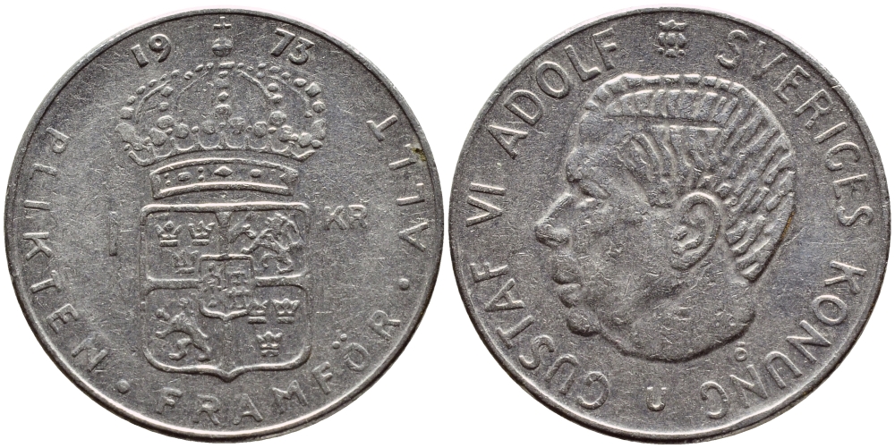 Швеция 1 крона 1973 Густав VI Адольф (1950-1973) KM 826а медь плакированная медно-никелем 4395-557