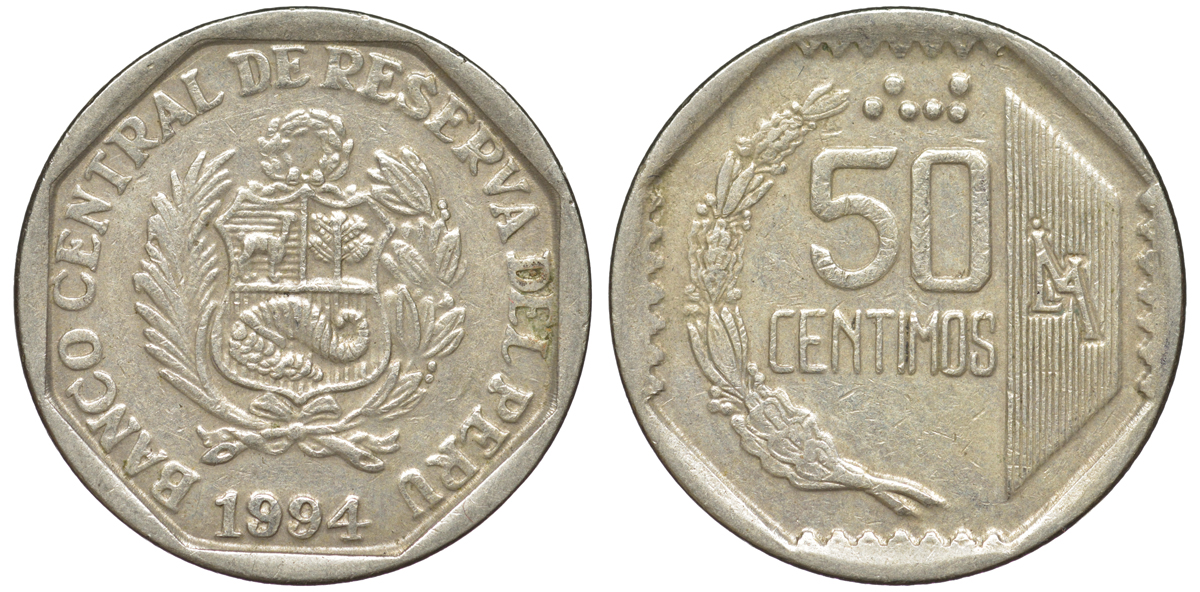 Перу 50 сентимо 1994 KM 307.1 медно-никель 4605-422