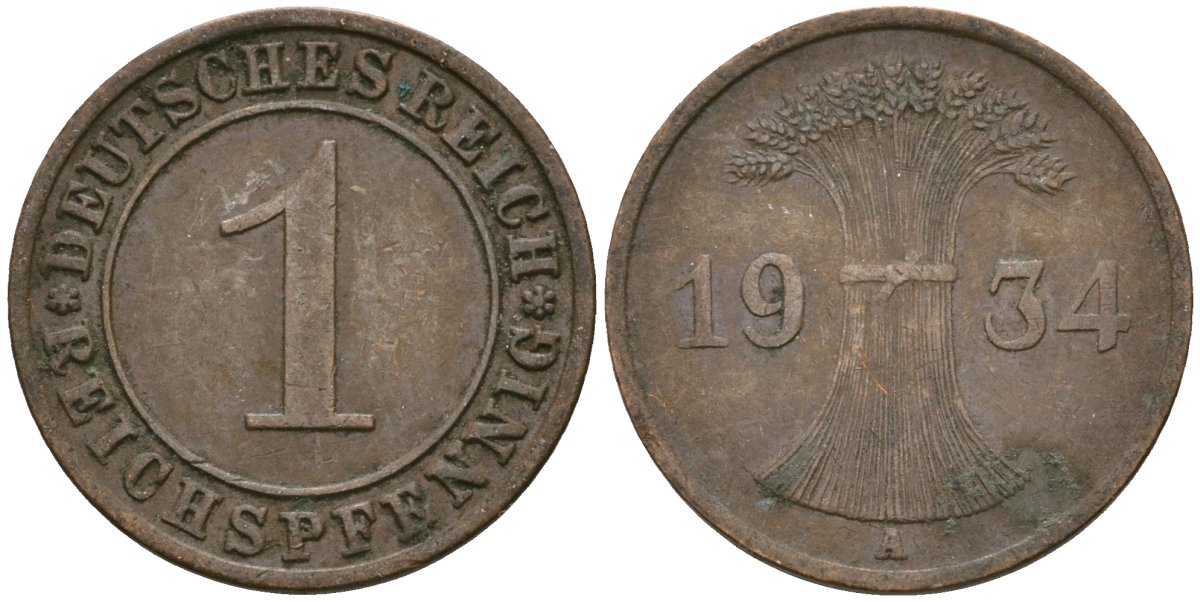 Германия 1 рейхспфенниг 1934 A KM 37, J. 313 бронза 4189-1228