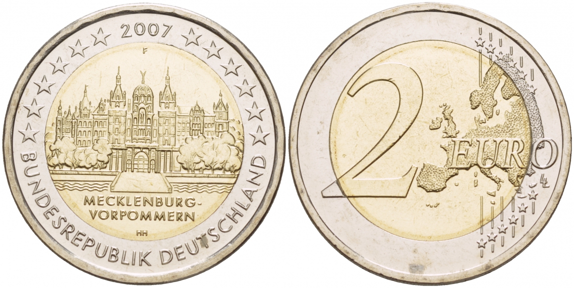 ФРГ 2 евро 2007 F, серия федеральные земли, Мекленбург-Передняя Померания, Шверинский замок KM 260 биметалл UNC 1094-6-65