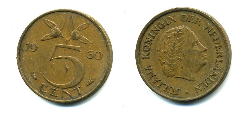 НИДЕРЛАНДЫ 5 ЦЕНТОВ 1960 ЮЛИАНА KM 181 бронза 76-424