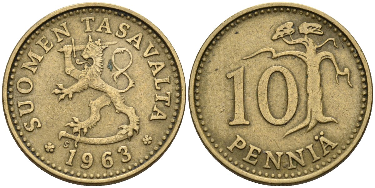 Финляндия 10 пенни 1963 KM 46 алюминиевая бронза 4585-928