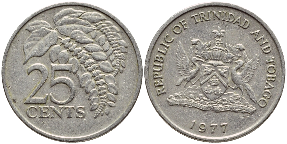 Тринидад и Тобаго 25 центов 1977 цветок дикая пуансеттия KM 32 медно-никель 4396-736