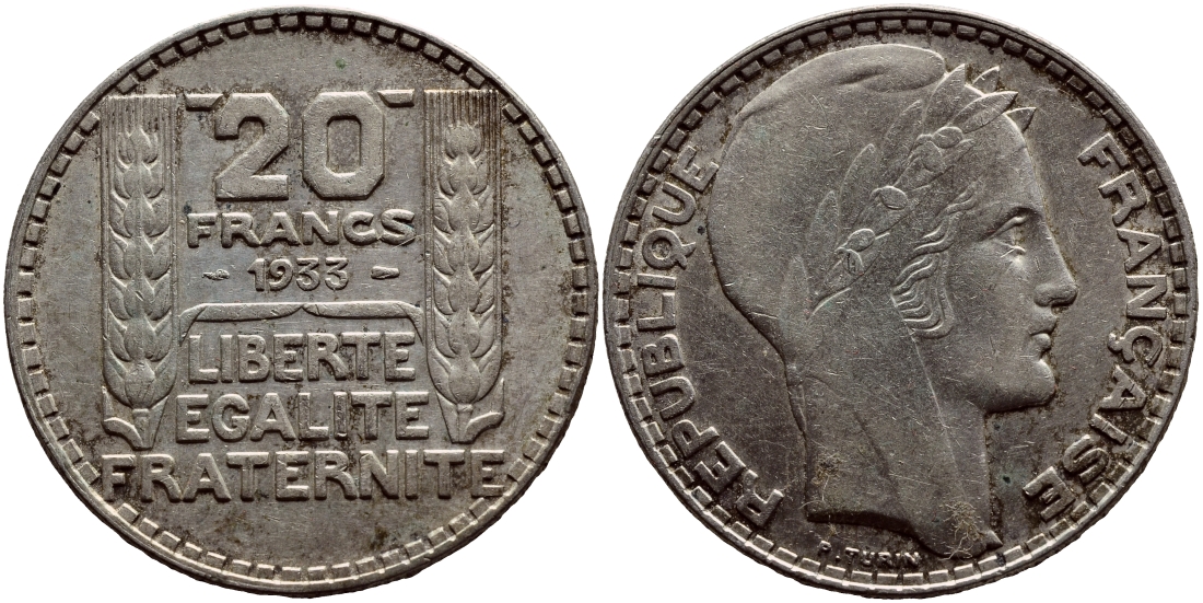 Франция 20 франков 1933 Пьер Тюрен KM 879, Le Franc 400.3 серебро 633-1032