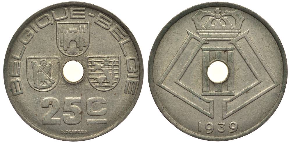 БЕЛЬГИЯ 25 САНТИМОВ 1939 BELGIQUE-BELGIE, ЛЕОПОЛЬД III (1934-1950) KM 114.1 никель латунь 27-937