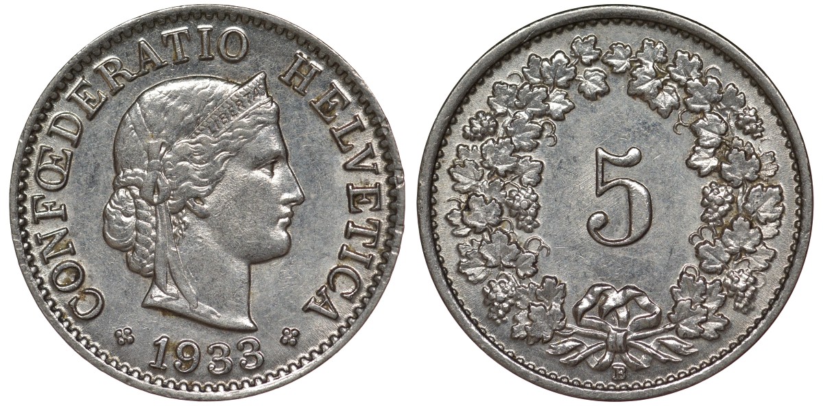 Швейцария 5 раппенов 1933 в KM 26 медно-никель 4124-531