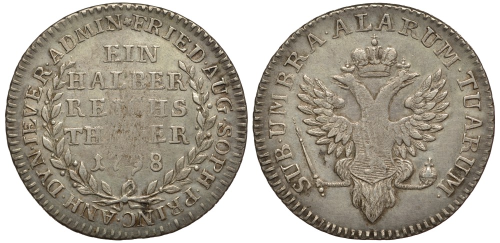 Йевер 1/2 талера 1798 Павел I, Русское правление, тираж 1000 экземпляров Mann 426, Merzdorf 133 серебро 10-010-46