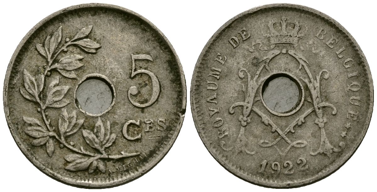 Бельгия 5 сантимов 1922 Belgique KM 66 медно-никель 4173-239
