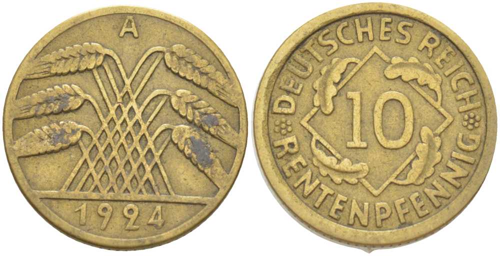 ГЕРМАНИЯ 10 РЕНТЕНПФЕННИГОВ 1924 A KM 33, J. 309, Weege 8 алюминиевая бронза 212-747