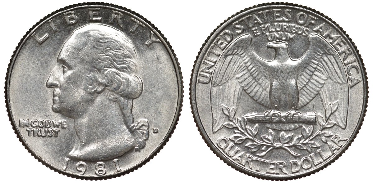 США 25 ЦЕНТОВ = КВОТЕР 1981 D, ВАШИНГТОН KM А164а медь покрытая медно-никелем 72-352