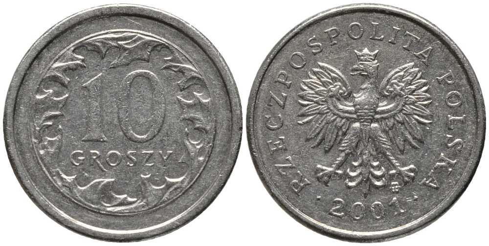Польша 10 грошей 2001 MW KM 279, Parchimowicz 704h медно-никель 201-444