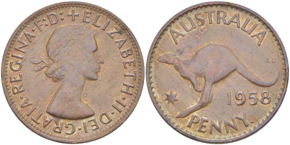 АВСТРАЛИЯ 1 ПЕННИ 1958 p, ЕЛИЗАВЕТА II (1953-), КЕНГУРУ KM 56 бронза 4512-1214