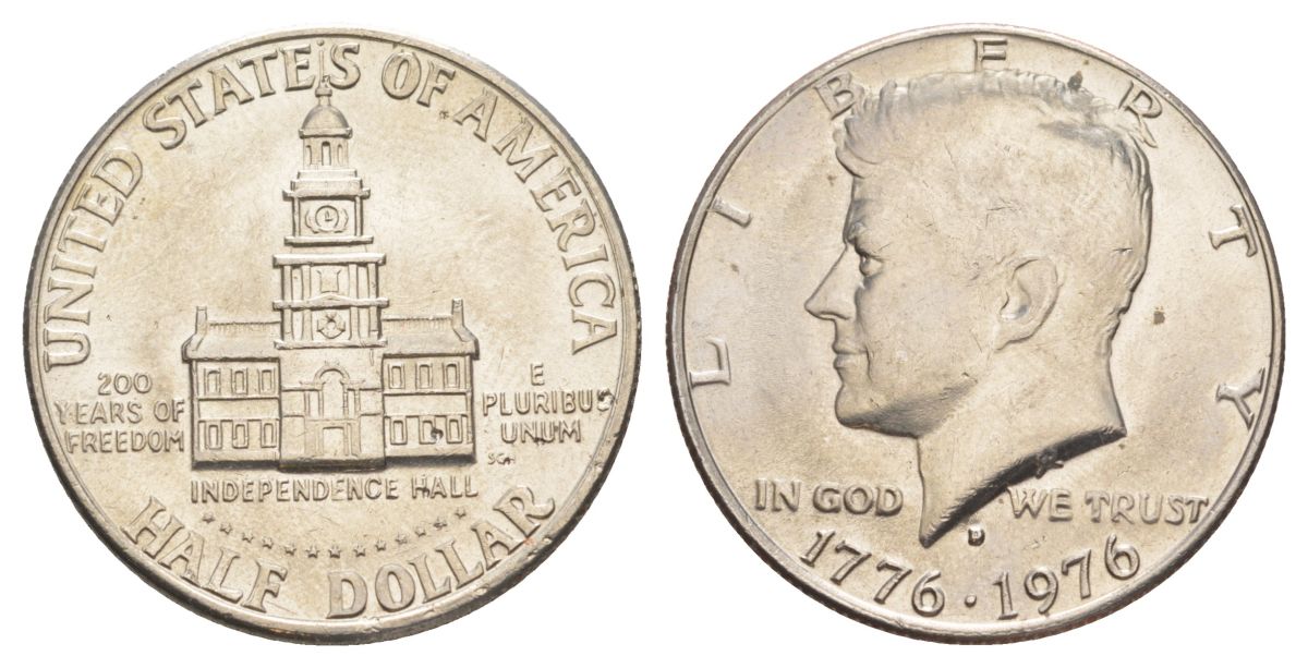 США 1/2 доллара (50 центов) 1976 D, 200 лет независимости, Джон Кеннеди KM 205 медь плакированная медно-никелем aUNC 4557-1025