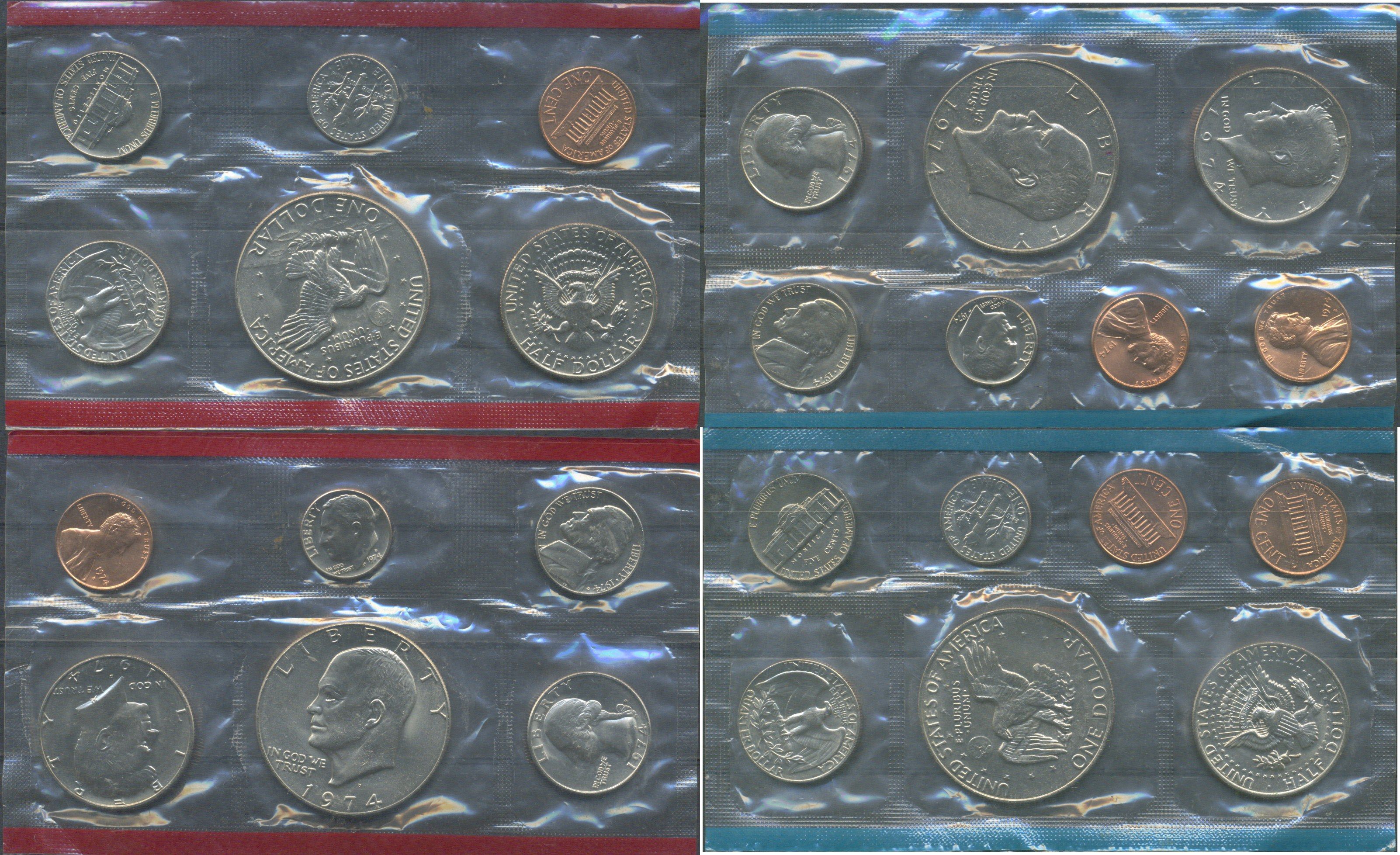 США набор из 13 монет (1, 5, 10 (дайм), 25 (квотер, 1/4 доллара) и 50 (1/2 доллара) центов; 1 доллар) 1974 D и S, в оригинальной упаковке, в запайке KM MS134 (164a, A192, 195a, 201, 202b и 203) UNC 8-2-06-13