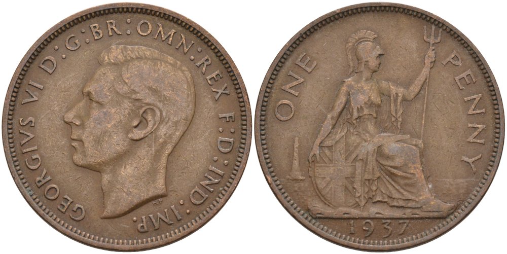 Великобритания 1 пенни 1937 Георг VI (1936-1952) KM 845, Spink 4114 бронза 4574-115