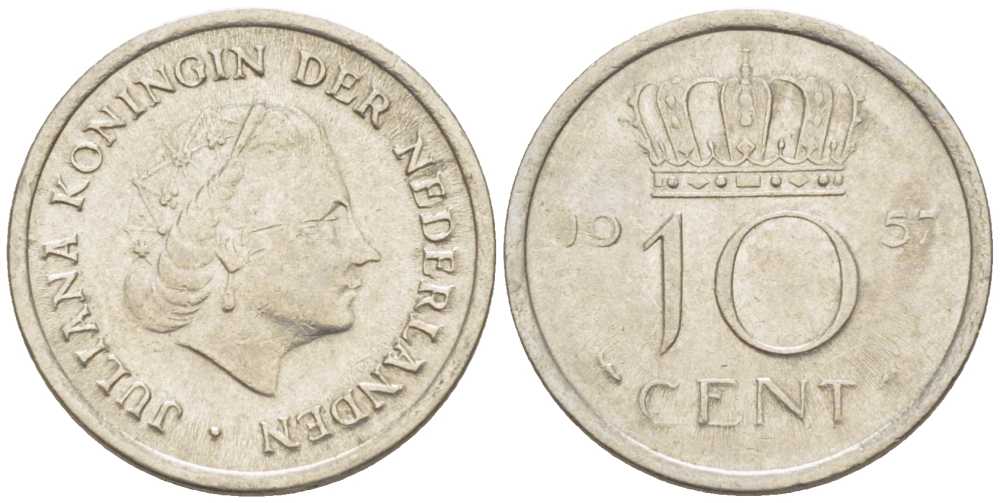 Нидерланды 10 центов 1957 Юлиана (1948-1980) KM 182 никель 214-1146