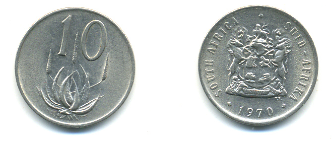 ЮАР 10 ЦЕНТОВ 1970 ГЕРБ, ЦВЕТОК АЛОЭ KM 85 никель UNC 86-1241