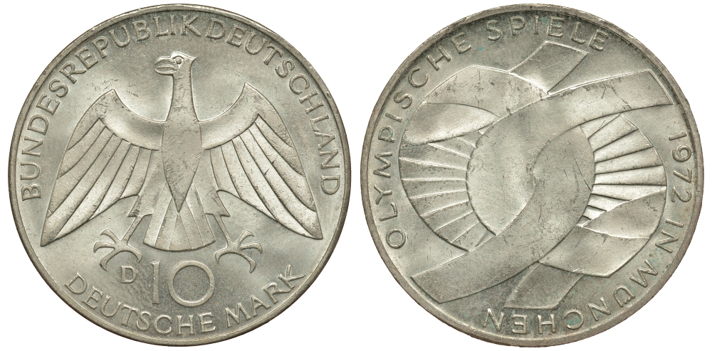 ФРГ 10 марок 1972 D, XX летние Олимпийские игры 1972 года в Мюнхене, символика KM 131, J.402 серебро UNC 413-6423