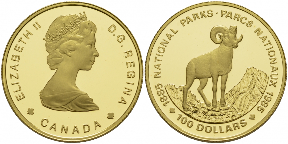 Канада 100 долларов 1985 Национальные парки, толсторог (баран) KM 144 золото PROOF 10-017-39