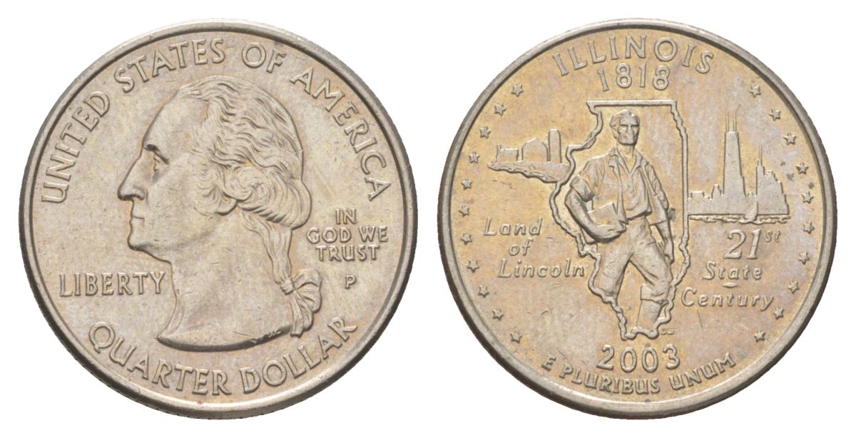 США 25 центов (квотер, 1/4 доллара) 2003 P, Квотер штата Иллинойс KM 343 медь плакированный медно-никелем UNC 4628-1235