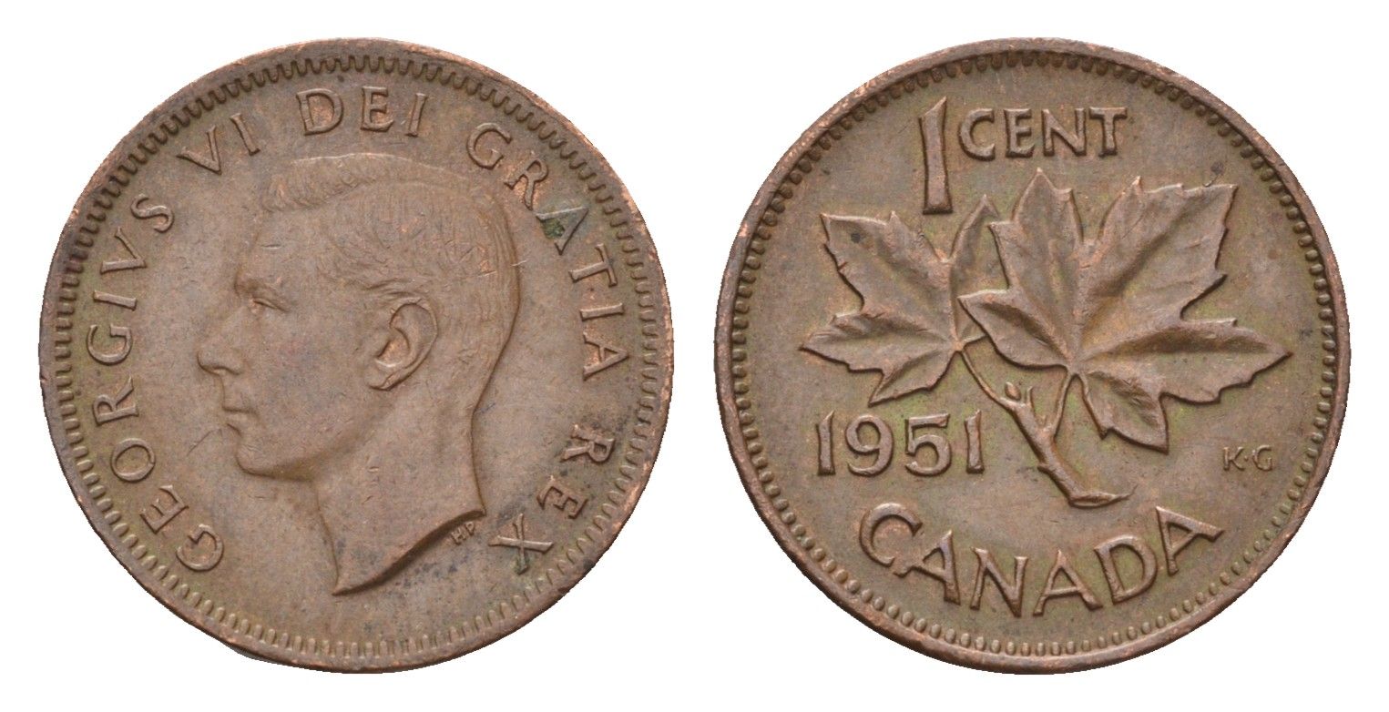 Канада 1 цент 1951 Георг VI (1936-1952), кленовый лист KM 41 бронза 4679-652
